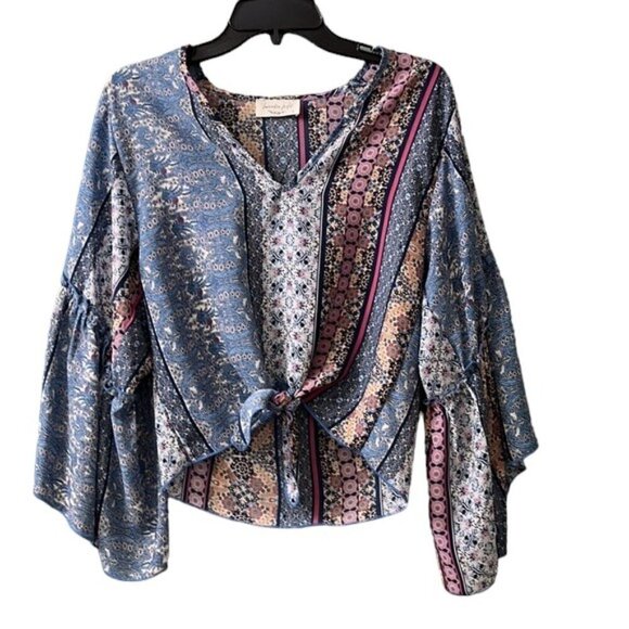 Anthropologie Lavender Field Boho Blue V-neck Tie Front Bell Sleeve Blouse NWOT - Picture 1 of 9